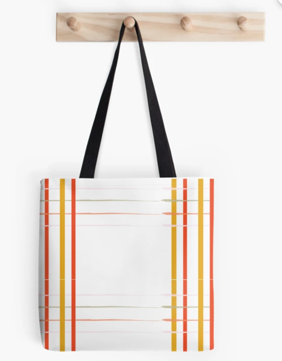 Still available, 25% OFF- Bright Lines Tote Bag, 13" x 13", Please purchase on REDBUBBLE!!
