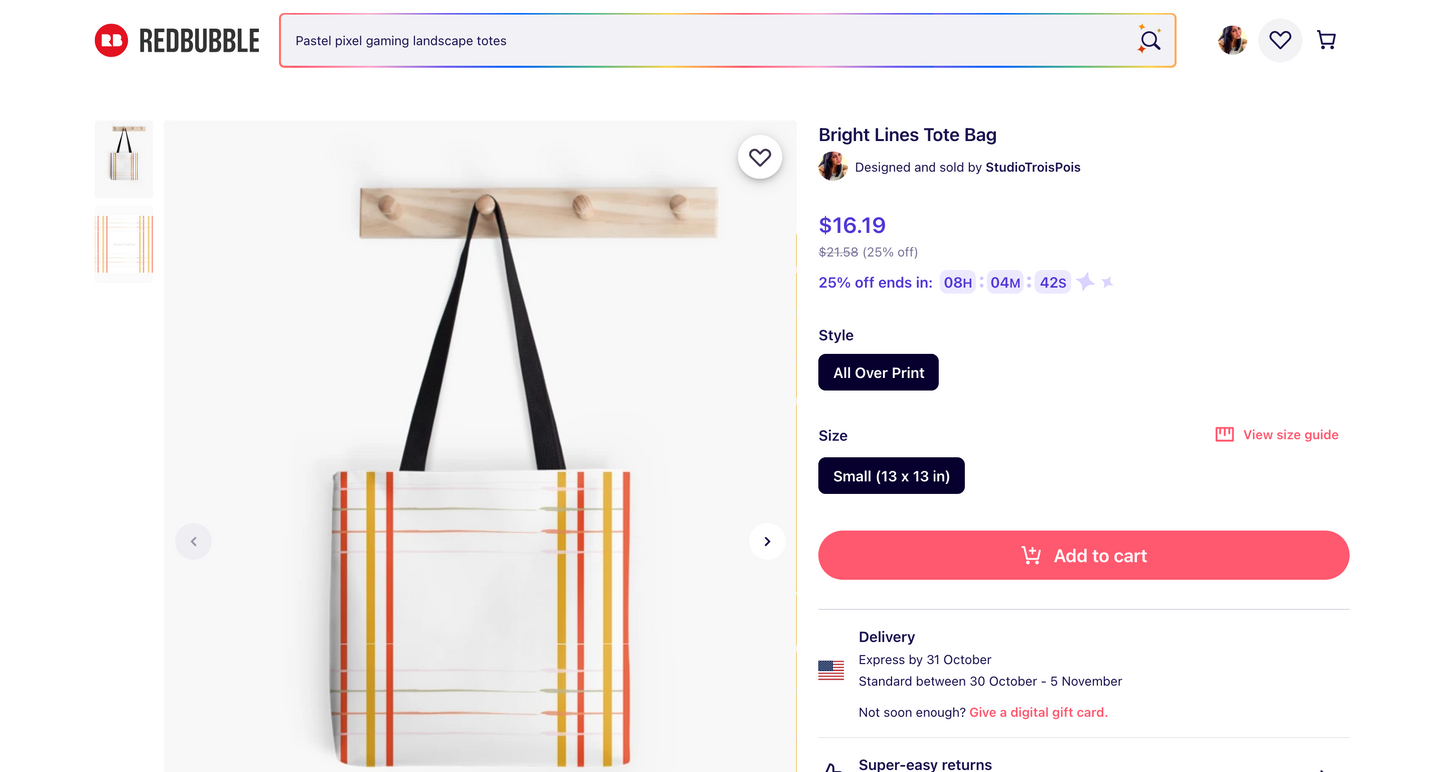 Still available, 25% OFF- Bright Lines Tote Bag, 13" x 13", Please purchase on REDBUBBLE!!